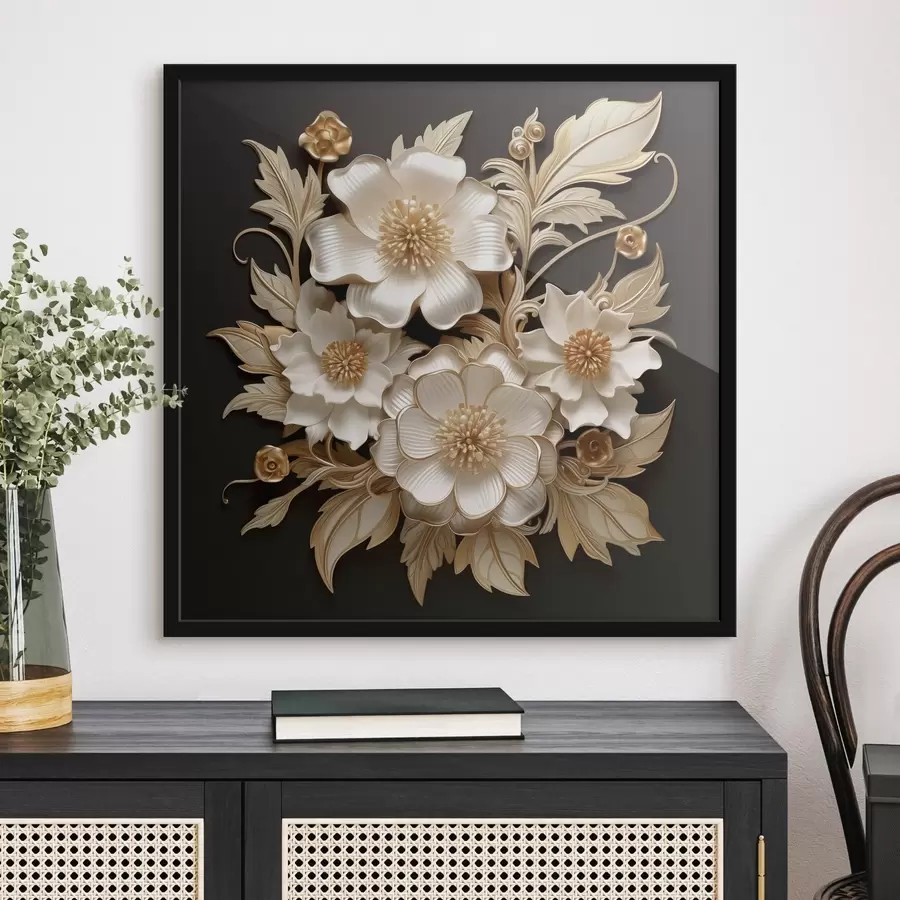 murales de pared Voluminosas flores blancas sobre fondo negro f44340