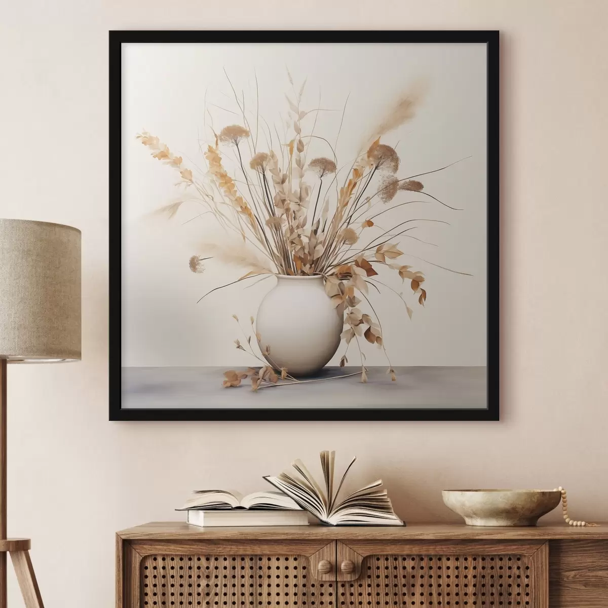 Poster Arreglo de hierbas y flores secas en un jarrón blanco f44348