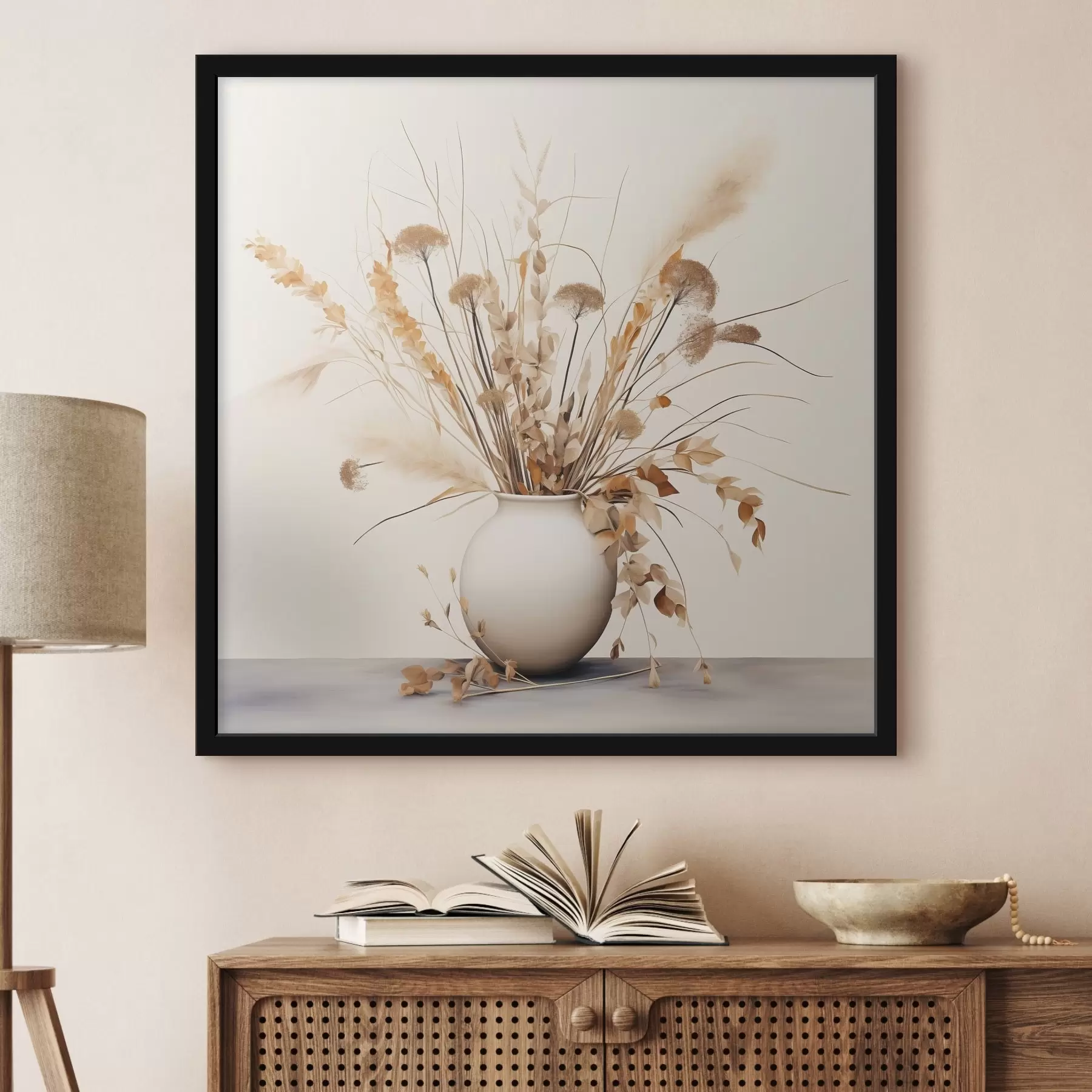 murales de pared Arreglo de hierbas y flores secas en un jarrón blanco f44348