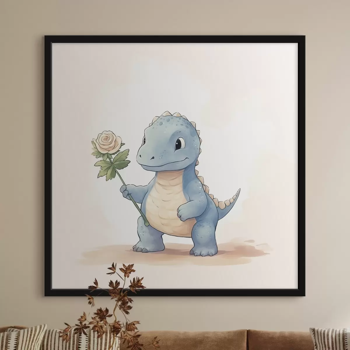 Poster Pequeño dinosaurio y una tierna flor f44351