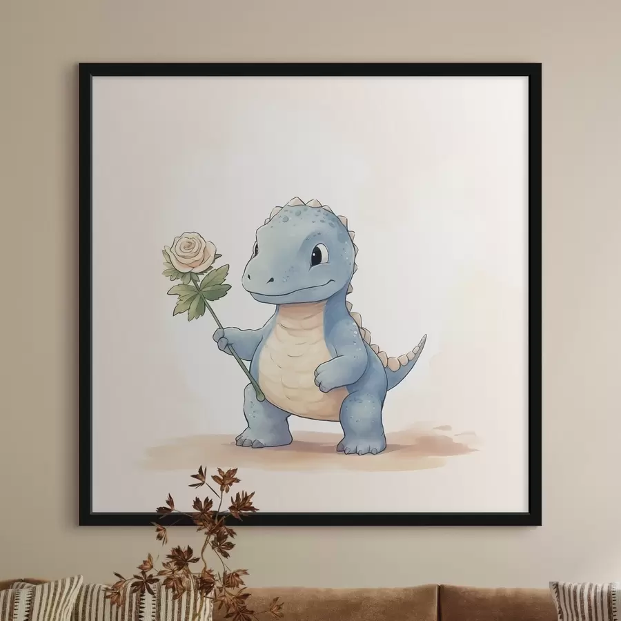 murales de pared Pequeño dinosaurio y una tierna flor f44351