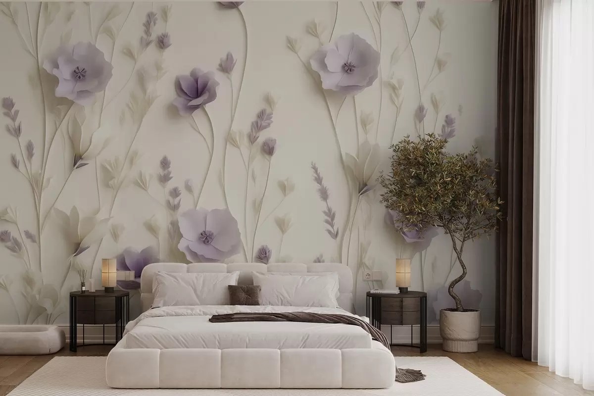 murales de pared Delicadas flores lilas sobre fondo crema w03993