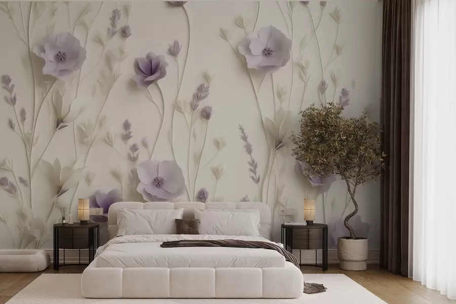 murales de pared Delicadas flores lilas sobre fondo crema w03993