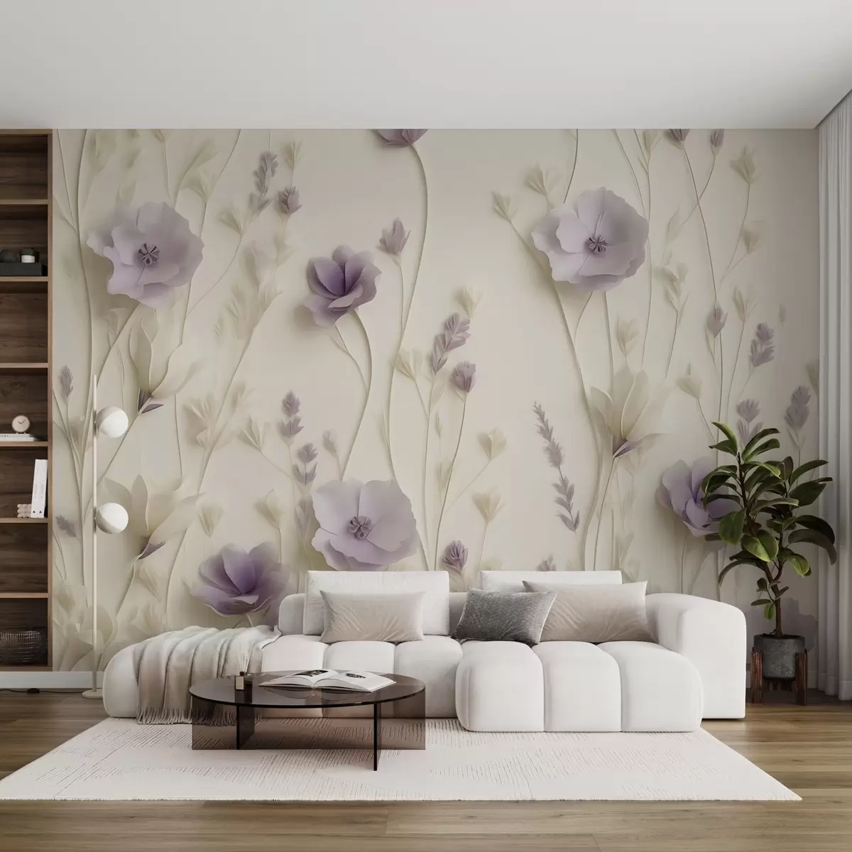 murales de pared Delicadas flores lilas sobre fondo crema w03993