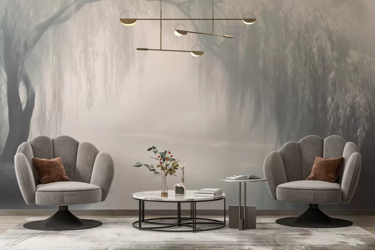 murales de pared Místico banco de sauces en la niebla matinal w03995