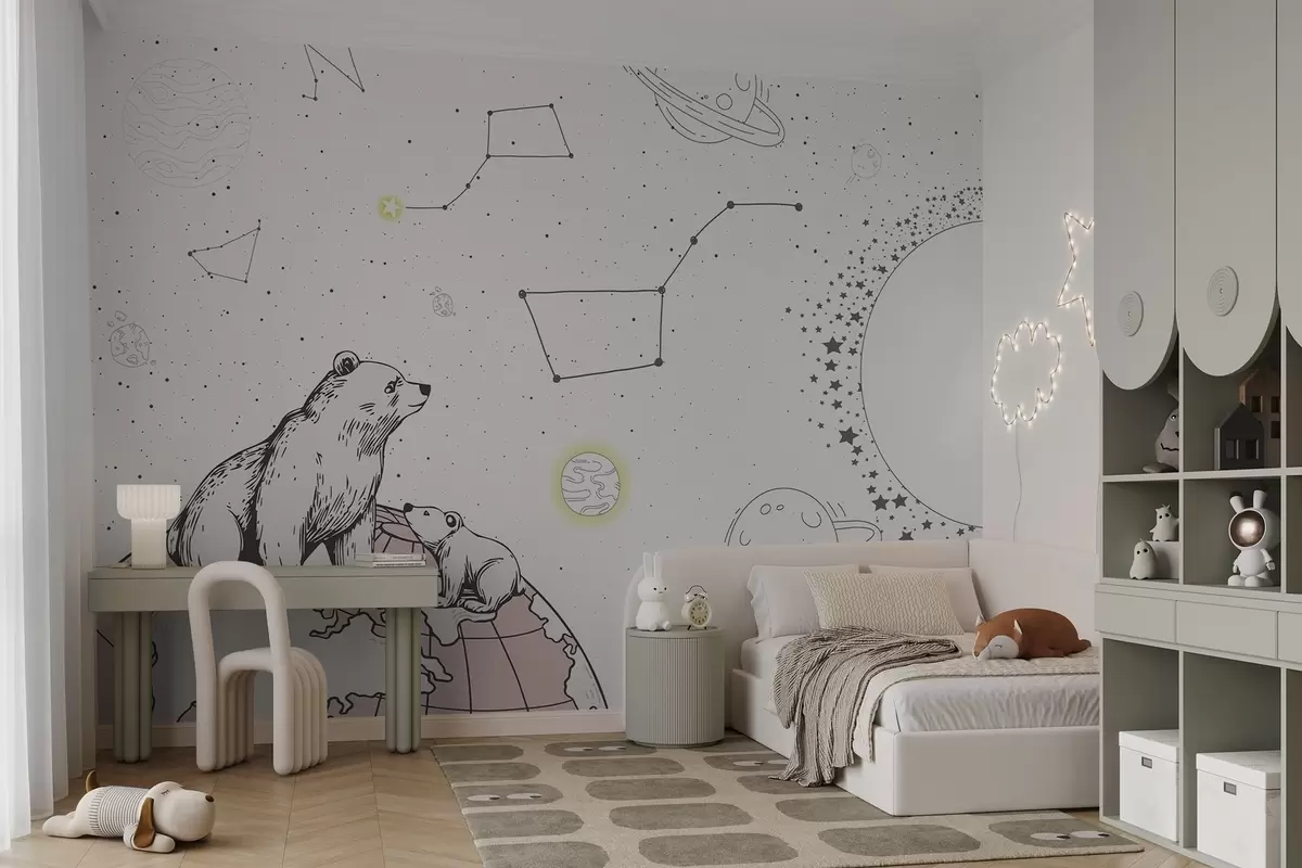 murales de pared Osos y estrellas sobre fondo marrón, tema de astronomía w04002v2