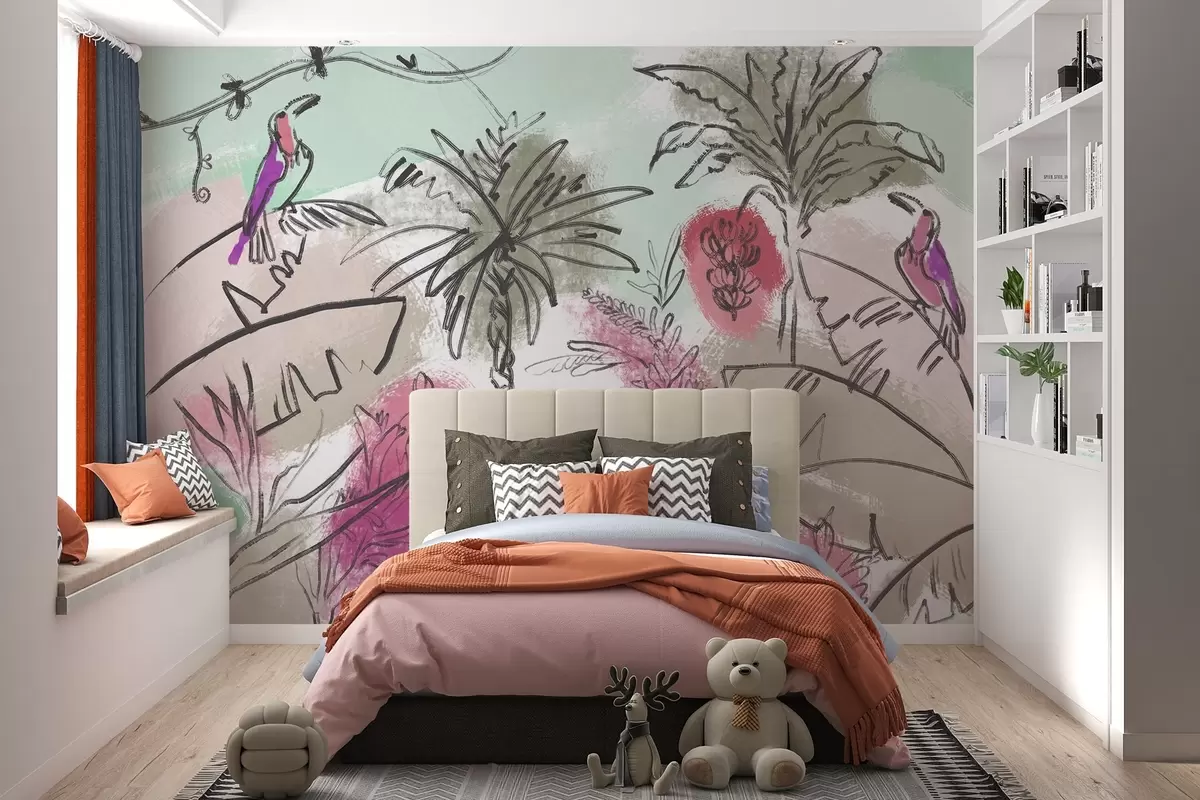 murales de pared Estampado tropical con flores rosas y loros exóticos w04019v1