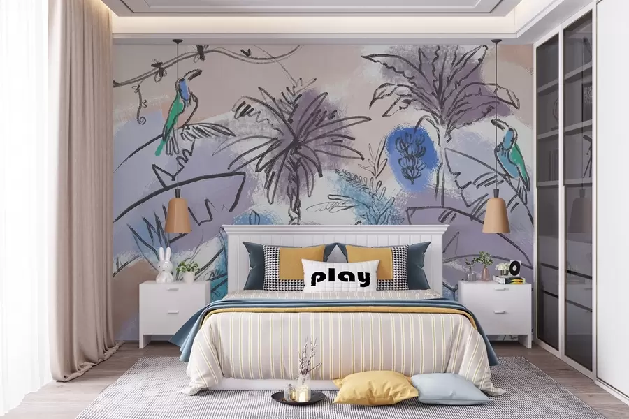 murales de pared Estampado tropical con flores azules y pintorescos loros w04019v2