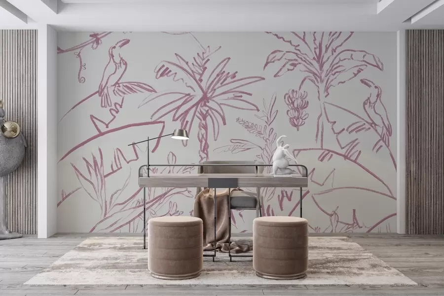 murales de pared Líneas tropicales en rosa, plantas tropicales, plátanos w04020v2