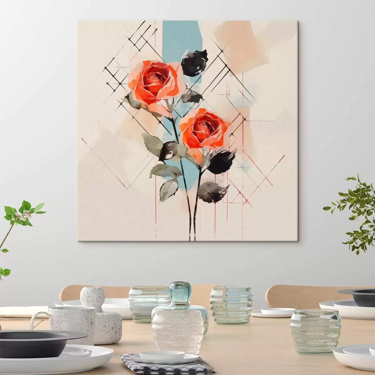 murales de pared Rosas sobre un fondo de líneas y manchas s44421