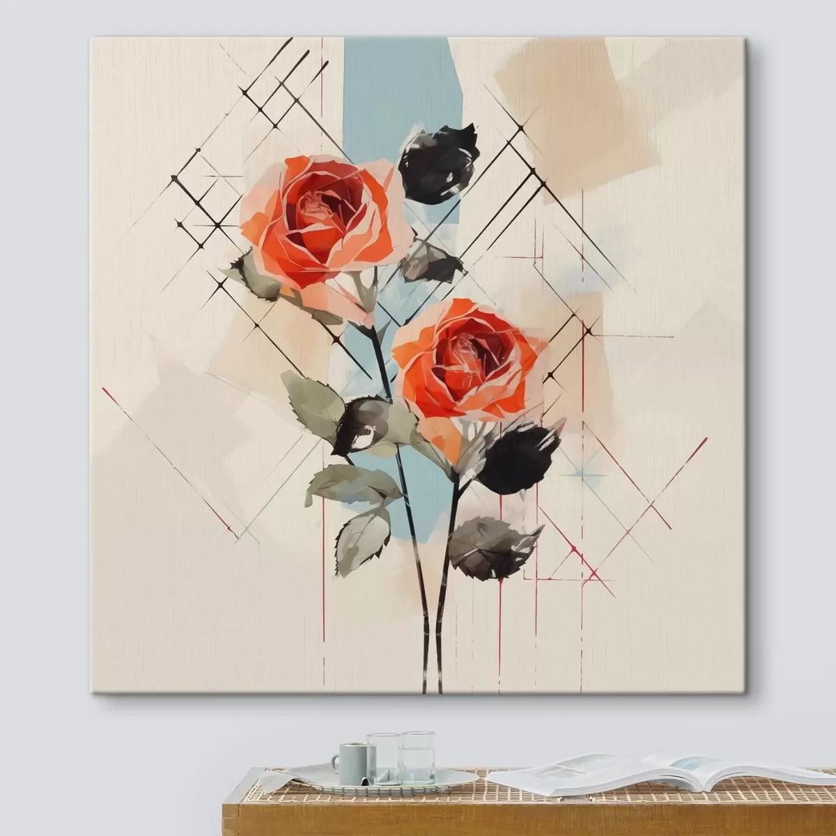 murales de pared Rosas sobre un fondo de líneas y manchas s44421