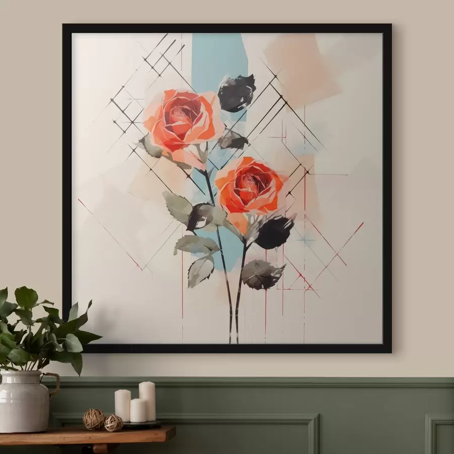 murales de pared Rosas sobre un fondo de líneas y manchas f44421