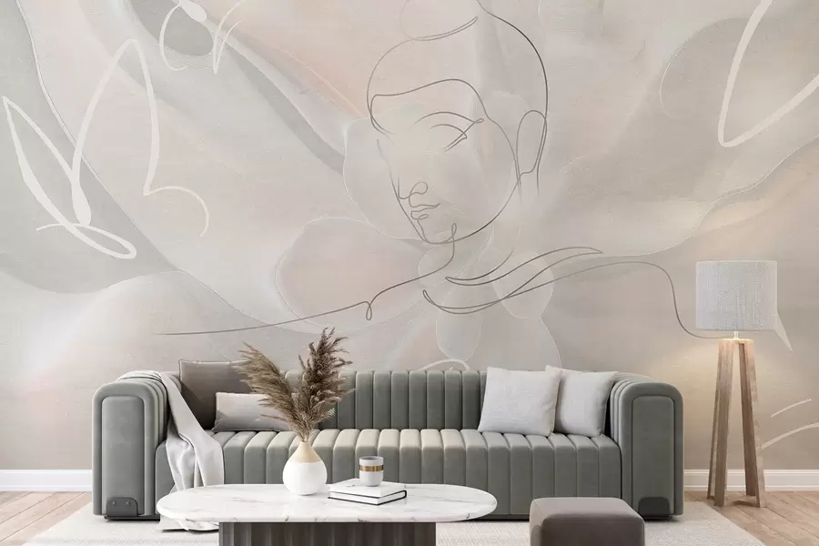 murales de pared Abstracción floral con dibujo lineal de Buda, colores beige w04004