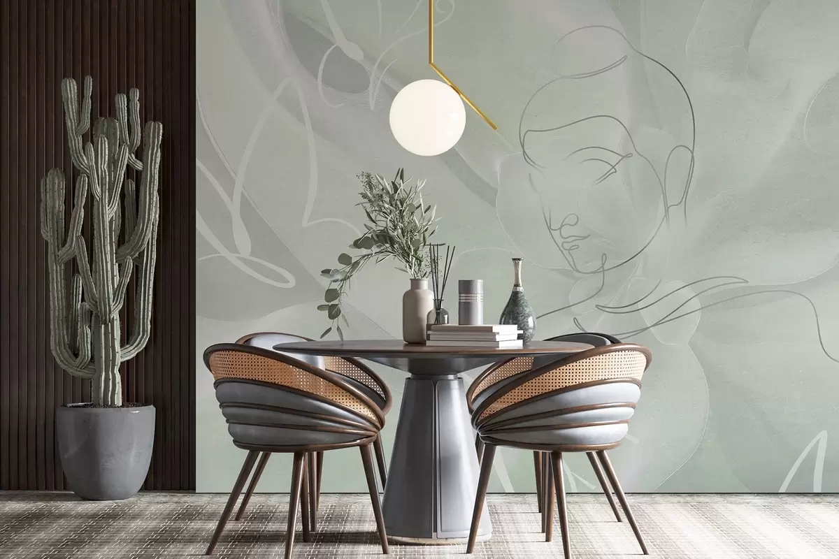 murales de pared Abstracción floral con dibujo lineal de Buda, colores verdes w04004v3