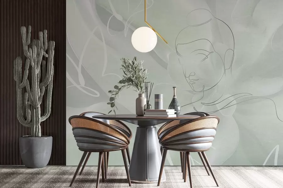 murales de pared Abstracción floral con dibujo lineal de Buda, colores verdes w04004v3