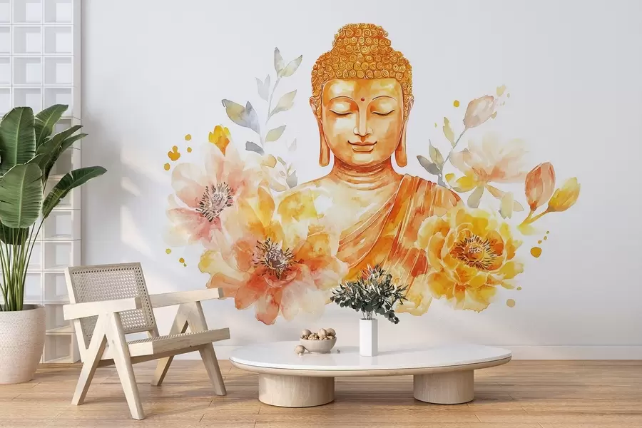 murales de pared Buda de acuarela con flores, espiritual, paleta de color naranja  w04005