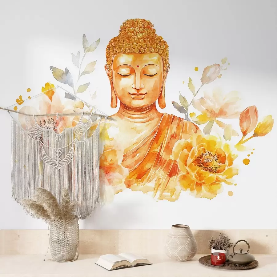 murales de pared Buda de acuarela con flores, espiritual, paleta de color naranja  w04005