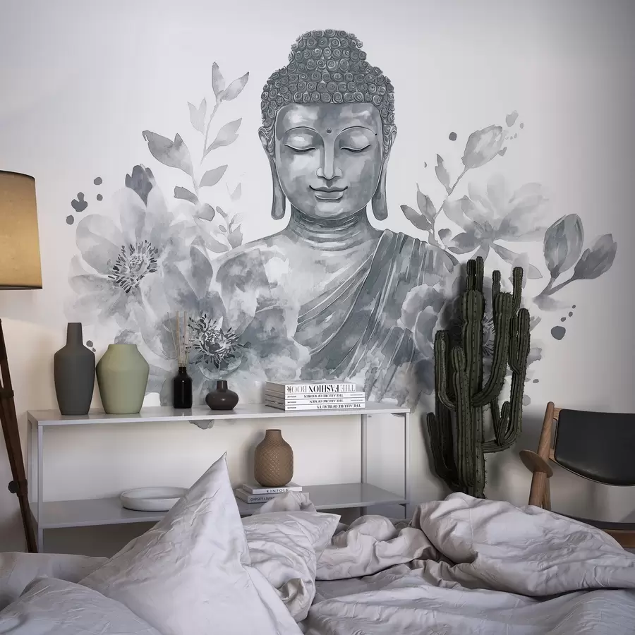 murales de pared Buda de acuarela con flores, espiritual, paleta de colores grises  w04005v1