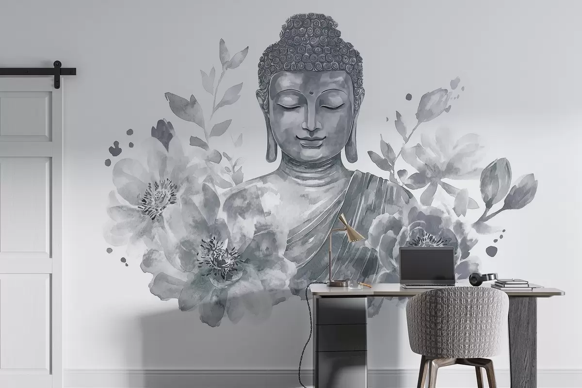 murales de pared Buda de acuarela con flores, espiritual, paleta de colores grises  w04005v1