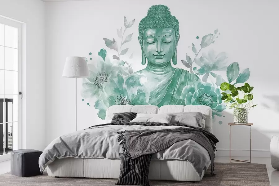 murales de pared Buda de acuarela con flores, espiritual, paleta de color verde  w04005v3