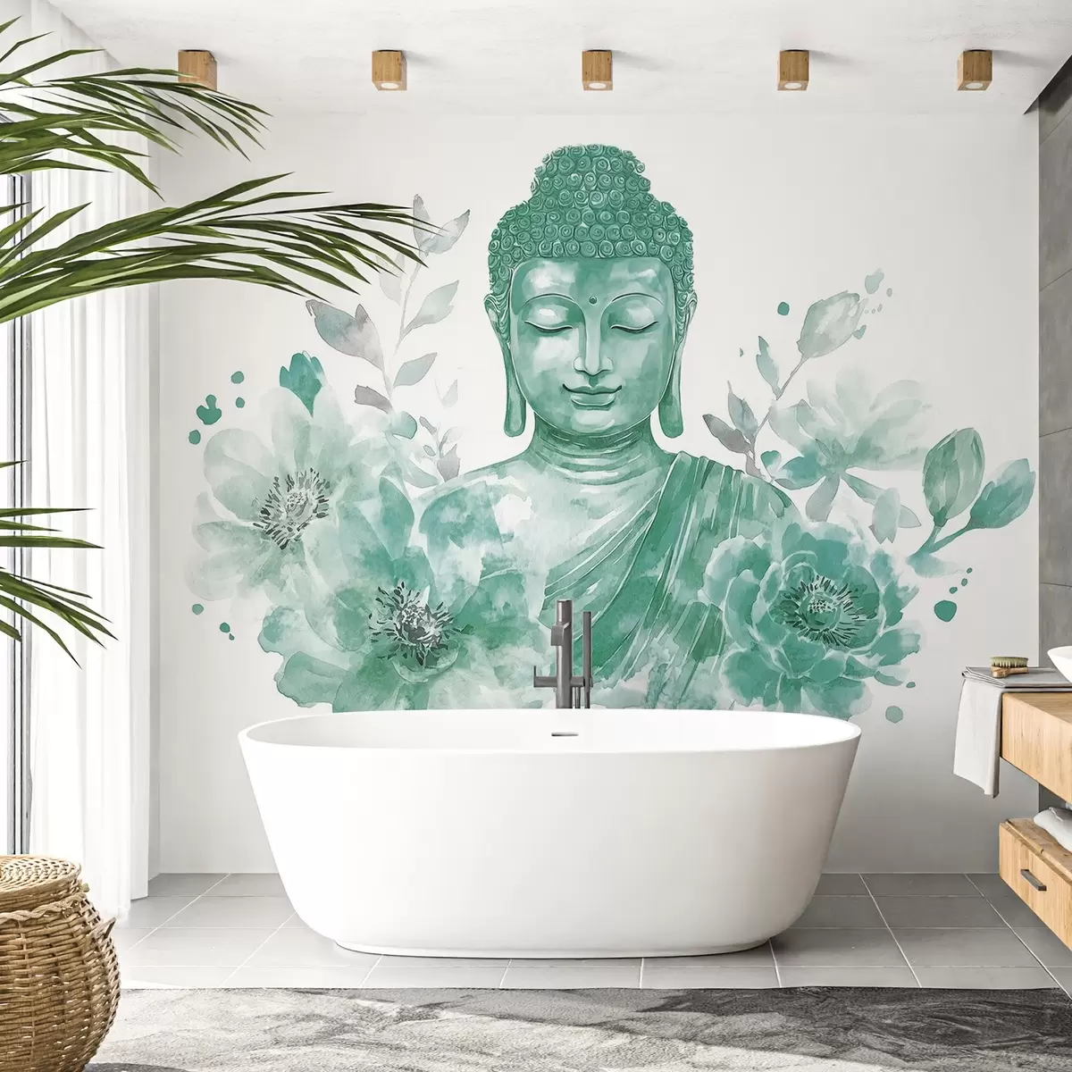 murales de pared Buda de acuarela con flores, espiritual, paleta de color verde  w04005v3