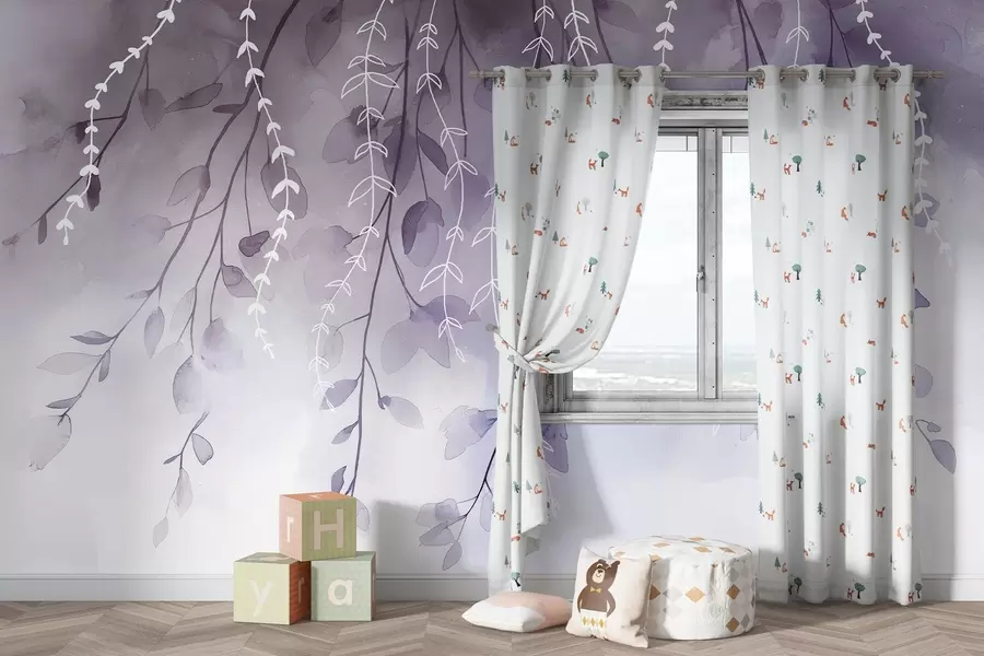 murales de pared Ramas con hojas en estilo acuarela, colores morados naturales w04007v2