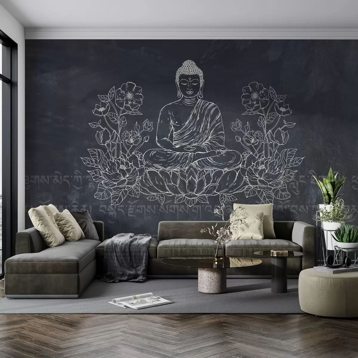 murales de pared Buda meditando con flores de loto, arte lineal, oriental, fondo oscuro w04008