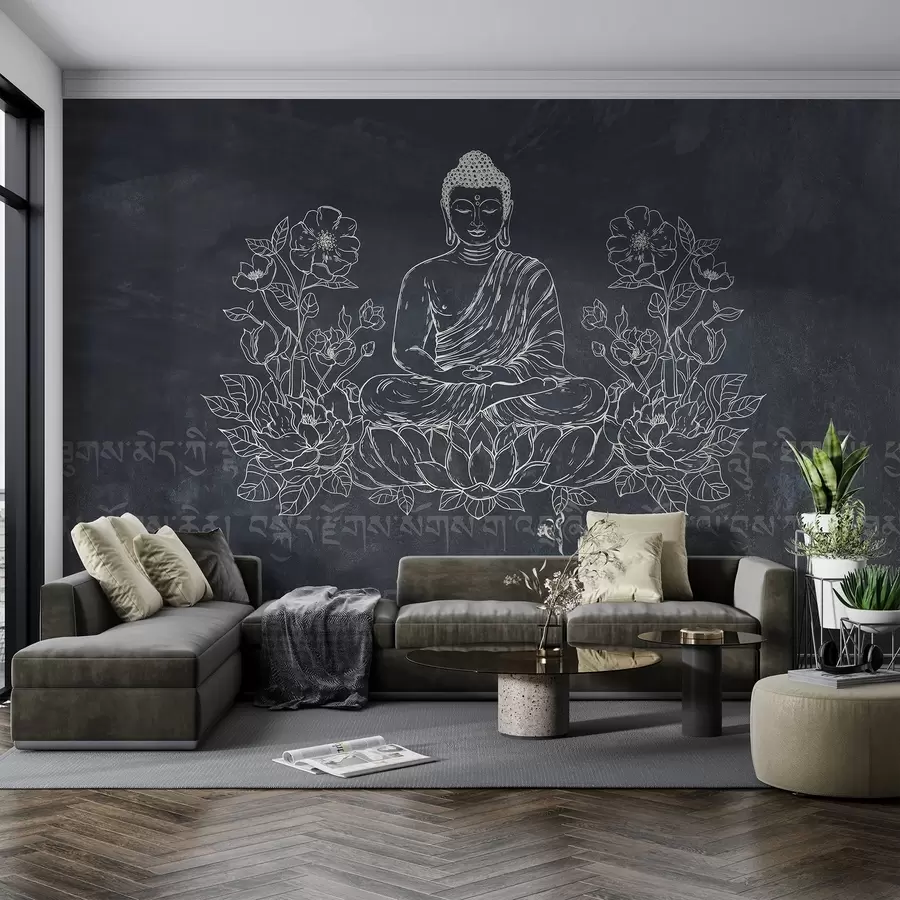 murales de pared Buda meditando con flores de loto, arte lineal, oriental, fondo oscuro w04008