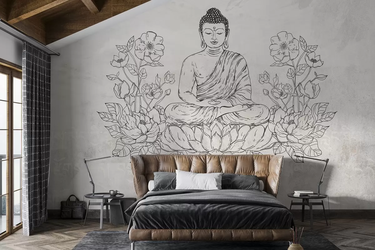 murales de pared Buda meditando con flores de loto, arte lineal, oriental, fondo beige w04008v1