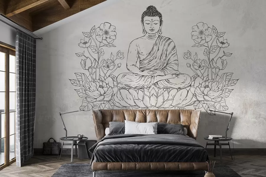 murales de pared Buda meditando con flores de loto, arte lineal, oriental, fondo beige w04008v1