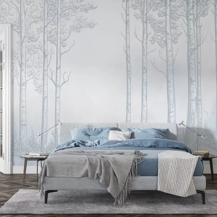 murales de pared Bosque con abedules, minimalismo, naturaleza, paleta de colores azules  w04009