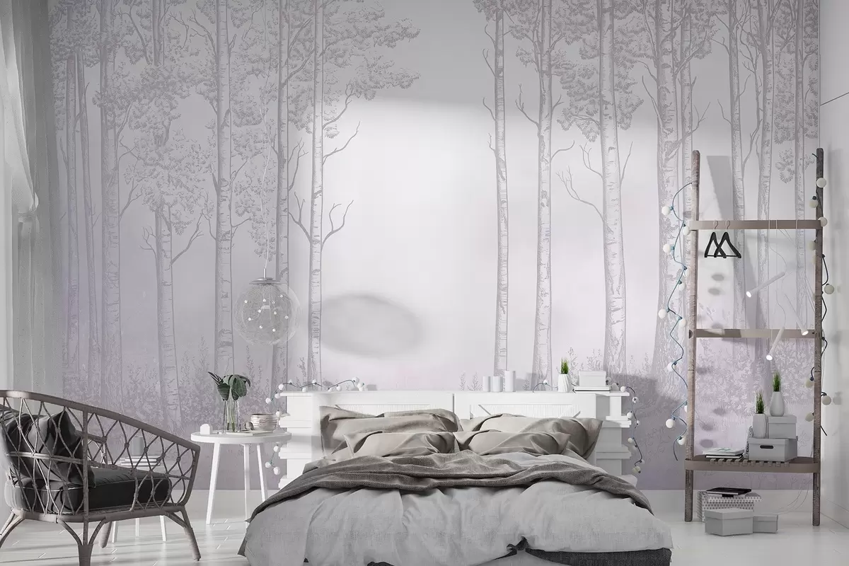 murales de pared Bosque con abedules, minimalismo, naturaleza, paleta de colores rosa  w04009v2