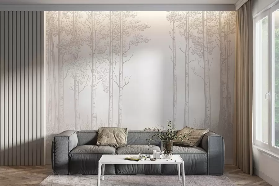 murales de pared Bosque con abedules, minimalismo, naturaleza, paleta de colores beige  w04009v3