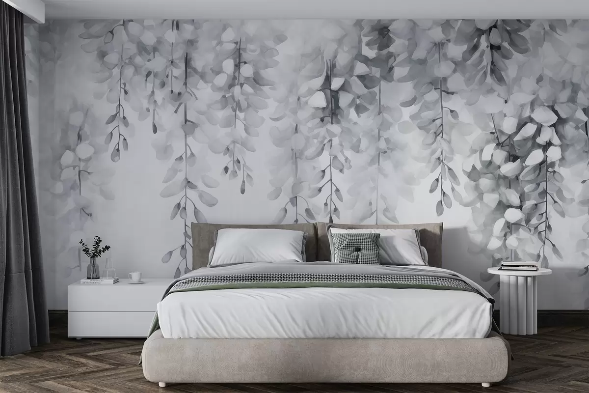 murales de pared Acuarela monocroma con glicinas en cascada en tonos plateados y blancos fríos, que evocan la quietud y la suavidad invernal w04034v1