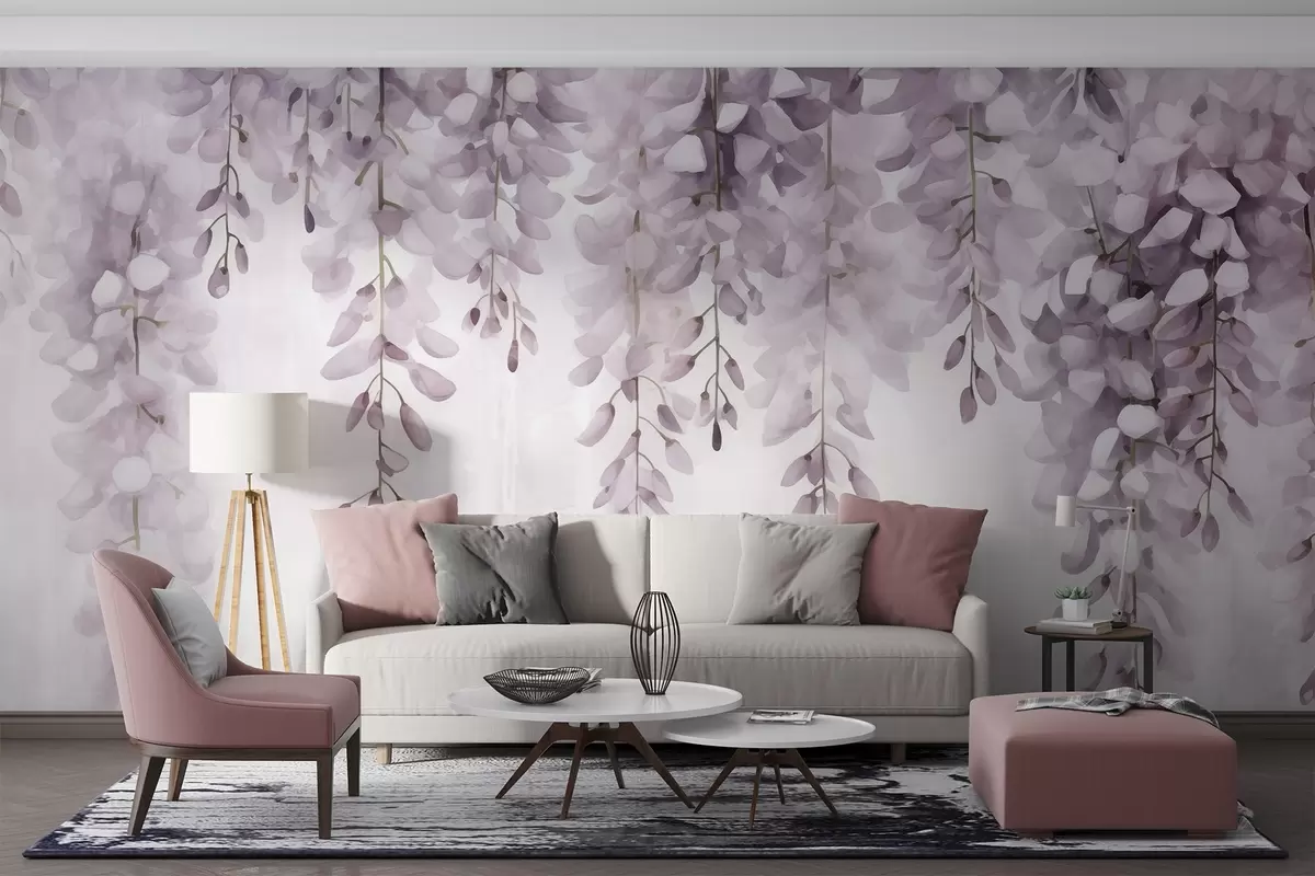 murales de pared Escena en acuarela con suaves glicinias lilas cayendo en cascada desde lo alto, evocando la calma y la claridad de una bruma matinal w04034v3