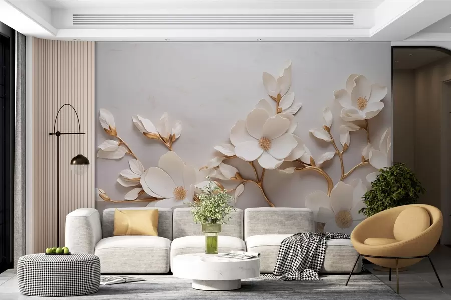 murales de pared Elegantes flores en relieve con tallos de tonos suaves forman una escena tranquila y armoniosa w04039