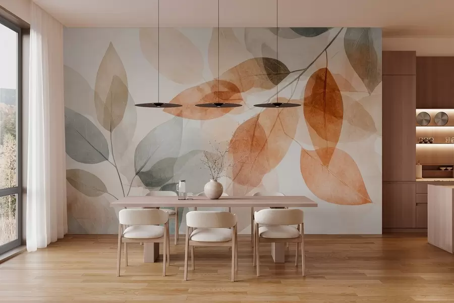 murales de pared hojas estilo acuarela en tonos sepia y grises w04024