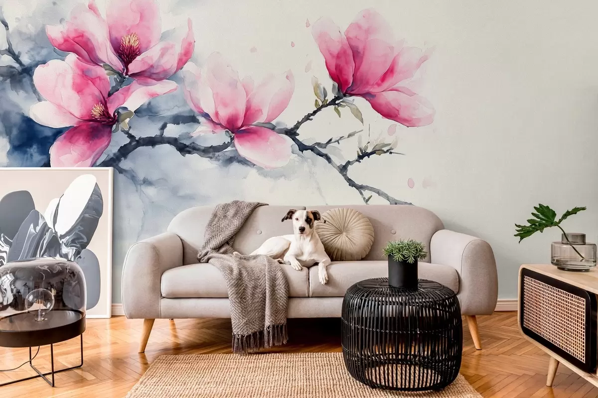 murales de pared rama floreciente de magnolia rosa sobre fondo marfil w04027