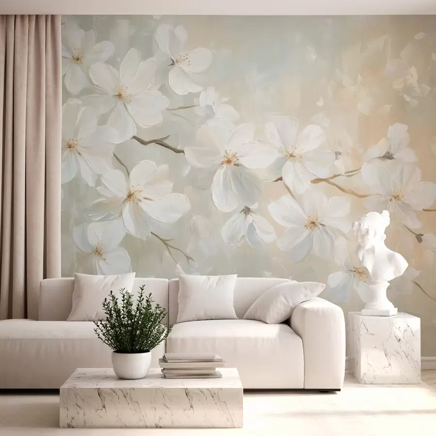 murales de pared delicada rama de albaricoque en flor en el estilo de la pintura al óleo en colores pastel w04029