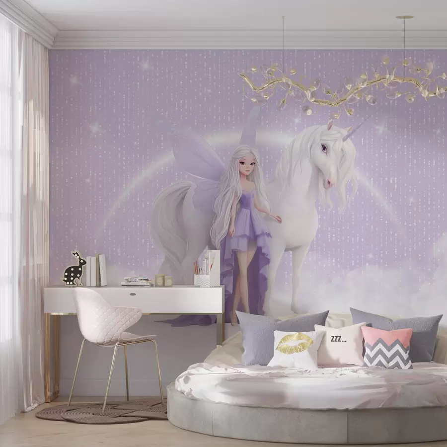 murales de pared Un hada con un unicornio entre las nubes w03527