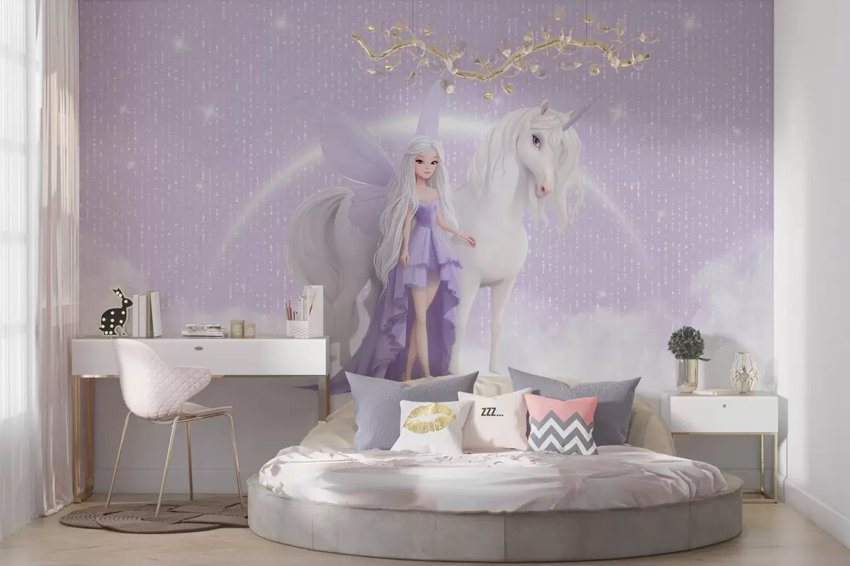 murales de pared Un hada con un unicornio entre las nubes w03527