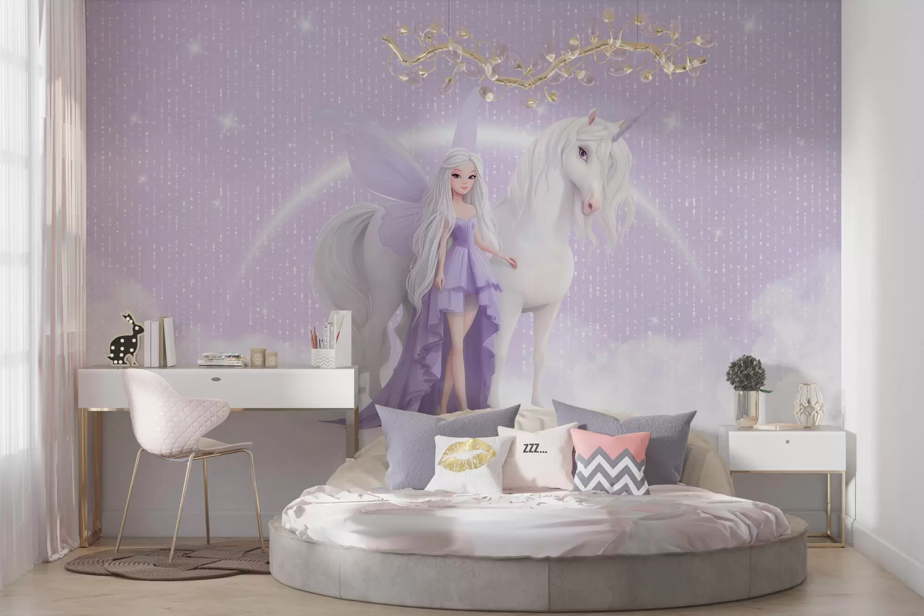 murales de pared Un hada con un unicornio entre las nubes w03527