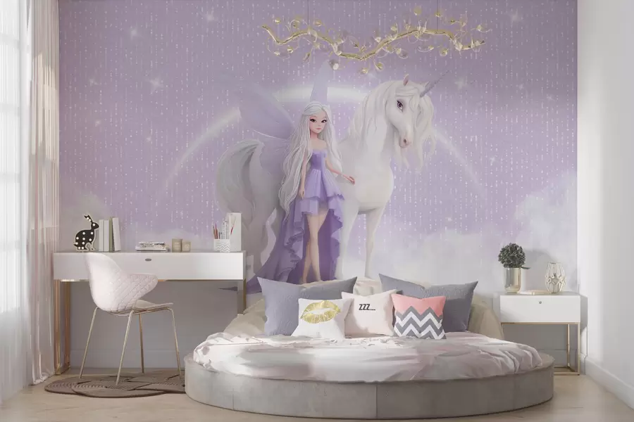 murales de pared Un hada con un unicornio entre las nubes w03527