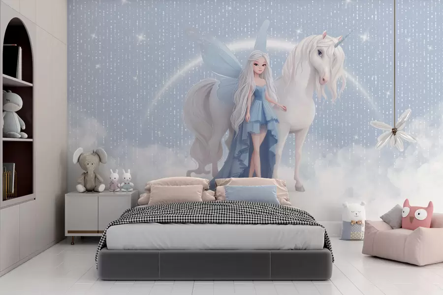 murales de pared Un hada con un unicornio entre las nubes w03527v1