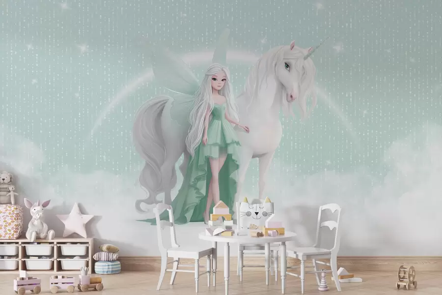 murales de pared Un hada con un unicornio entre las nubes w03527v2