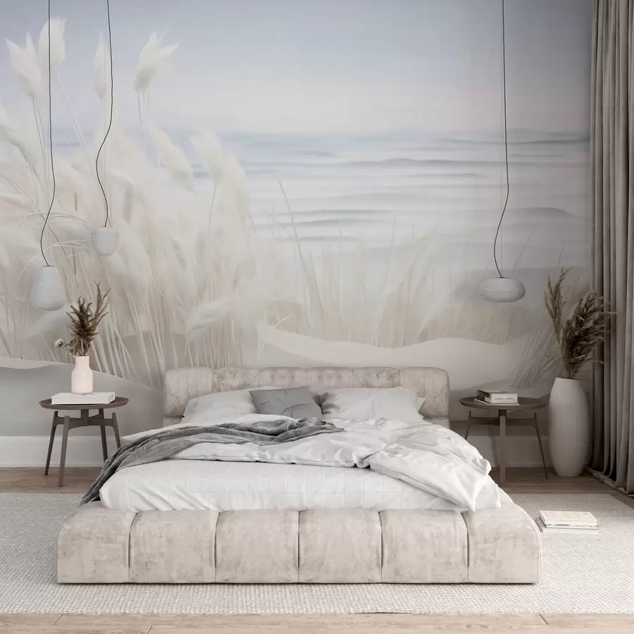murales de pared Paisaje con hierba de pampa blanca sobre una duna de arena, con un océano azul claro de fondo, estilo suave y minimalista w09132
