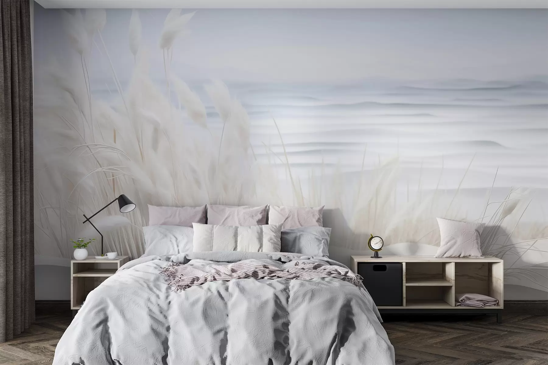 murales de pared Paisaje con hierba de pampa blanca sobre una duna de arena, con un océano azul claro de fondo, estilo suave y minimalista w09132