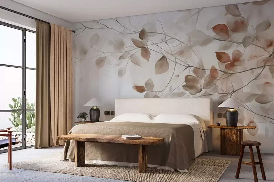 murales de pared Pintura en acuarela con textura imitando hojas y ramas marrones, colores suaves, detalles delicados sobre fondo blanco w09133