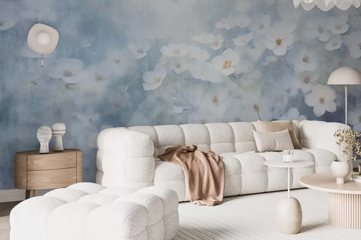 murales de pared Campo texturizado de flores blancas de anémona, enfoque suave, atmósfera de ensueño, paleta de colores azul claro y blanco, prado primaveral w09134