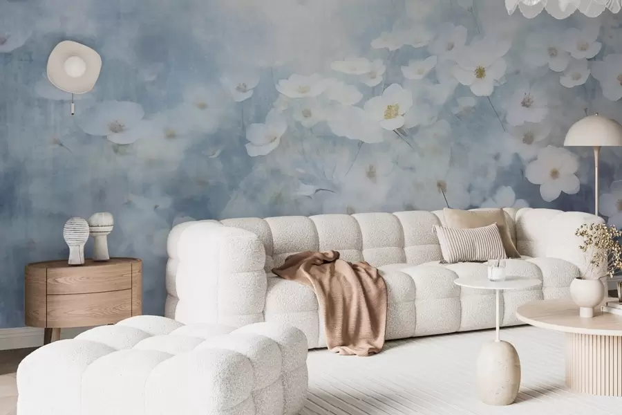 murales de pared Campo texturizado de flores blancas de anémona, enfoque suave, atmósfera de ensueño, paleta de colores azul claro y blanco, prado primaveral w09134